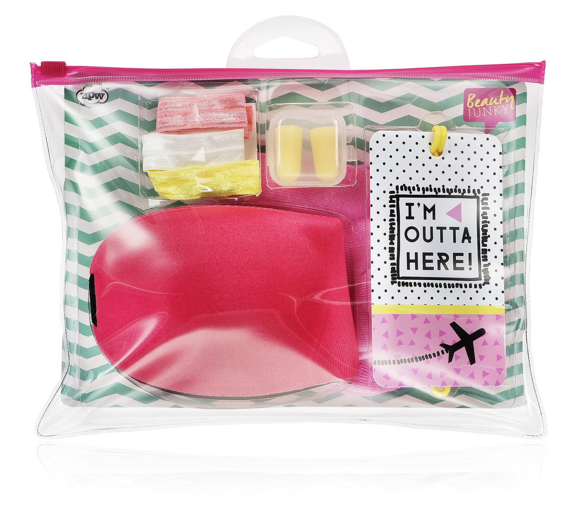 Inflight Essential Kit Set Beauty Junky: Beauty Junky, Hair Elastic, 3 pcs + Beauty Junky, Earplugs + Beauty Junky Keyrings & Keychains + Beauty Junky Crew Socks + Beauty Junky, Sleep Mask, Universal