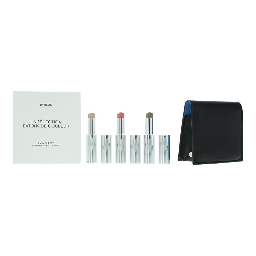Blue Set Byredo: Colour Stick, Multifunctional, Eyeshadow Stick, 509, Solar Flare, 3.5 g + Colour Stick, Multifunctional, Eyeshadow Stick, Kumato Face, 3.5 g + Colour Stick, Multifunctional, Eyeshadow Stick, Flower Play, 3.5 g + Byredo, GWP Leather Pouch