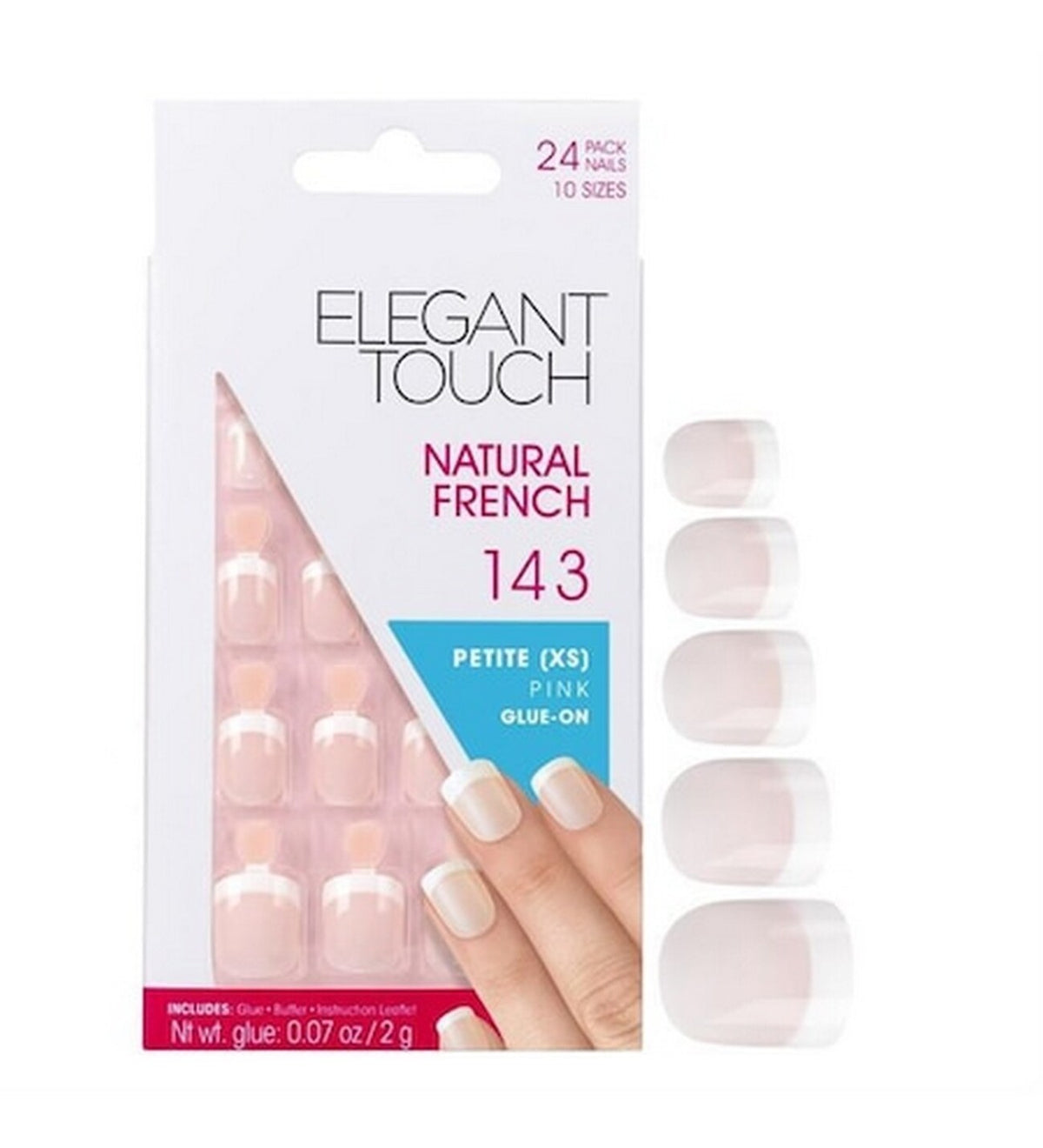 Set, Elegant Touch, Natural French, Kvadrat, Konstgjorda naglar, Rosa, 143, Liten (XS), 24 st