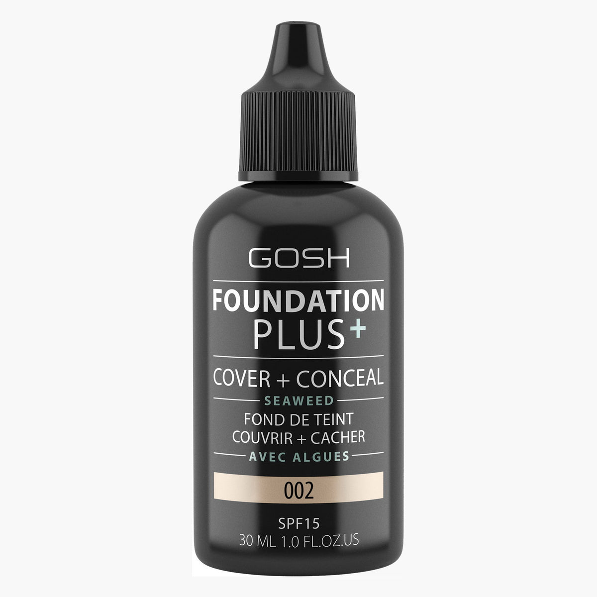 Gosh, Foundation Plus+, Cover & Conceal, Flytande foundation, 002, SPF15, 30 ml