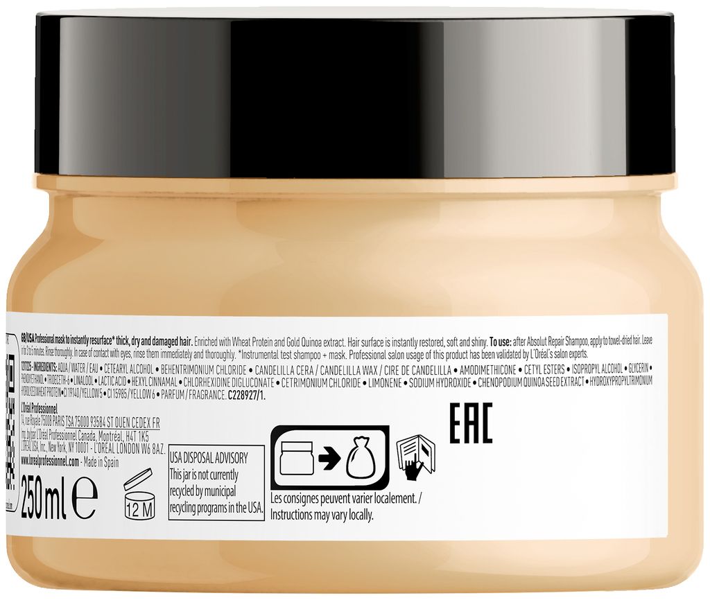 L'Oreal Professionnel, Serie Expert Absolut Repair, Protein + Guld quinoa, Hårbehandlingskräm mask, Omedelbar ytbehandling, 250 ml
