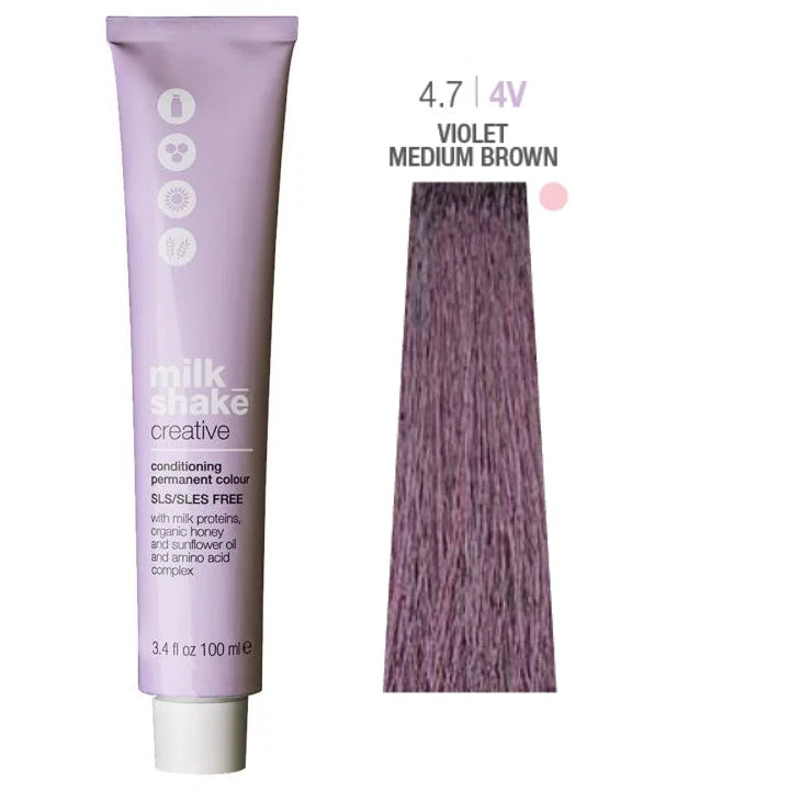 Milk Shake, Creative, Utan SLS/SLES, Permanent hårfärg, 4.74V Violet Medium Brown, 100 ml