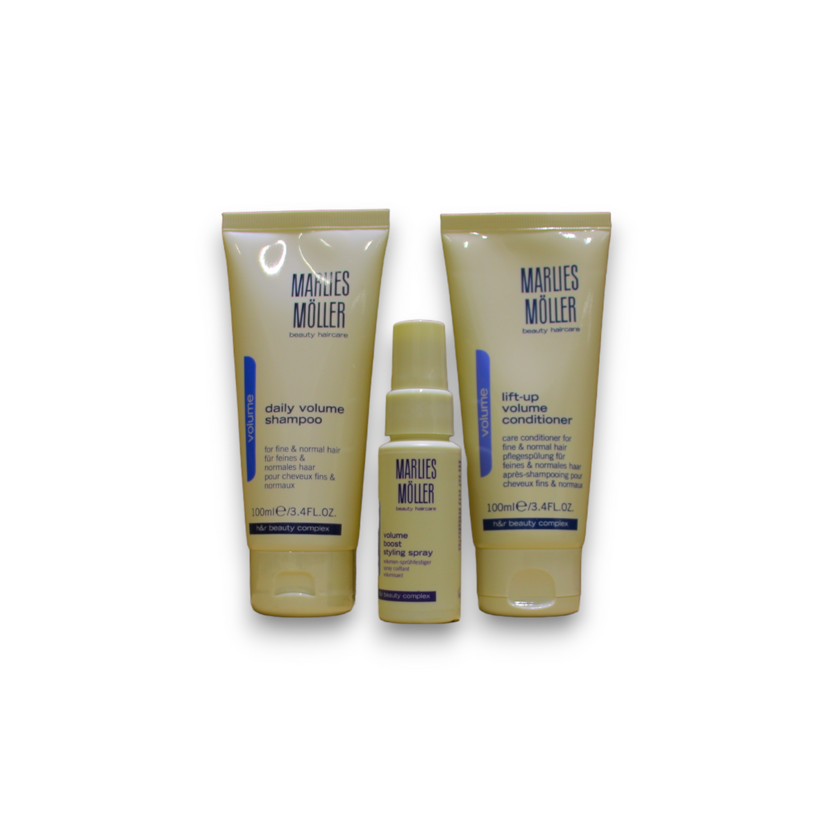 Perfect Volume Set Marlies Moller: Daily Volume, Hair Shampoo, 100 ml + Lift-Up, Hair Conditioner, For Volume, 100 ml + Volume, Hair Spray, For Styling, 30 ml